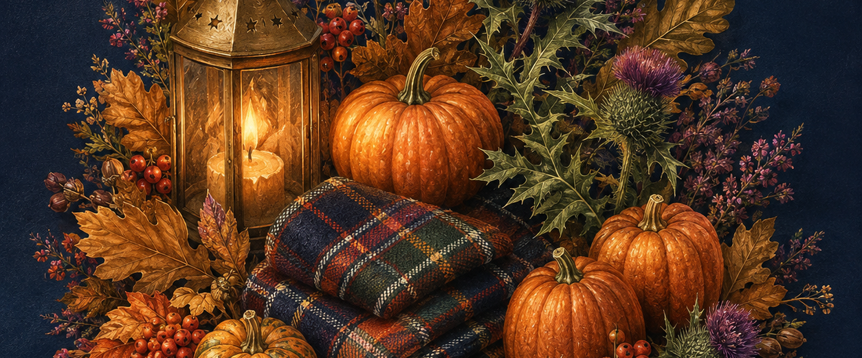 Autumn & Halloween at Kith & Kin Autumn pumpkins, Scottish thistles, heather and tartan beside a glowing lantern